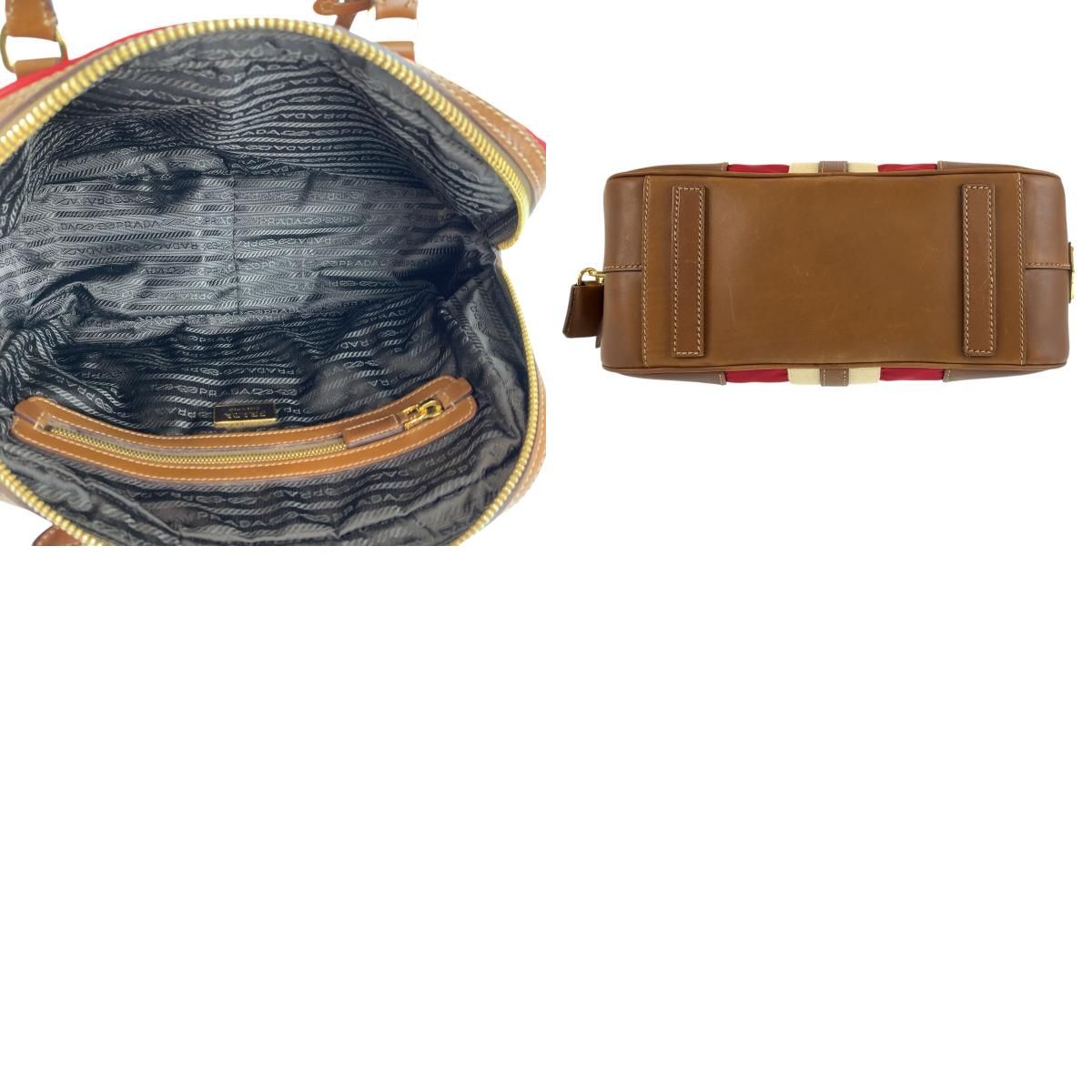 Prada Red Brown Gold Canvas Leather Bowling — view 9