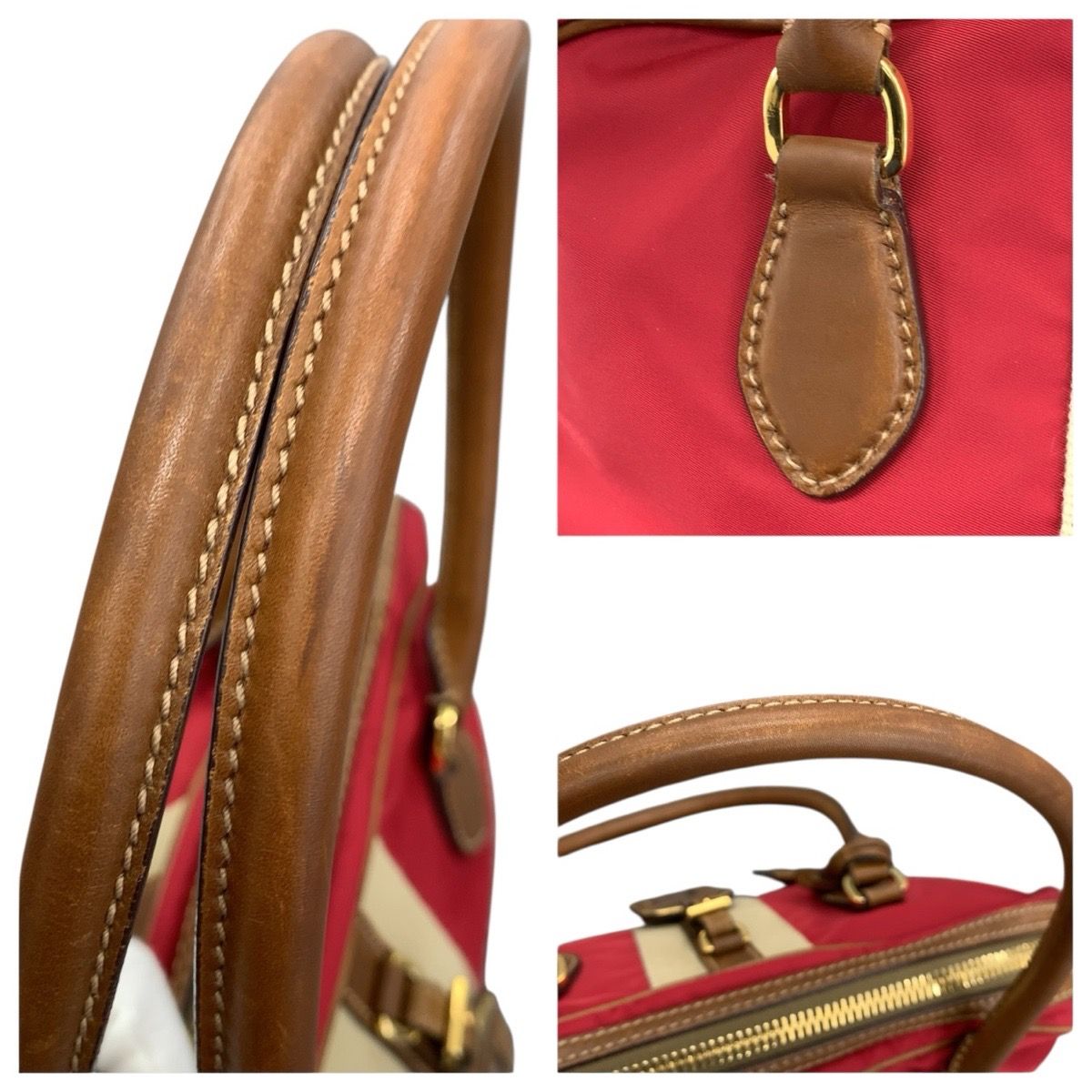 Prada Red Brown Gold Canvas Leather Bowling — view 6