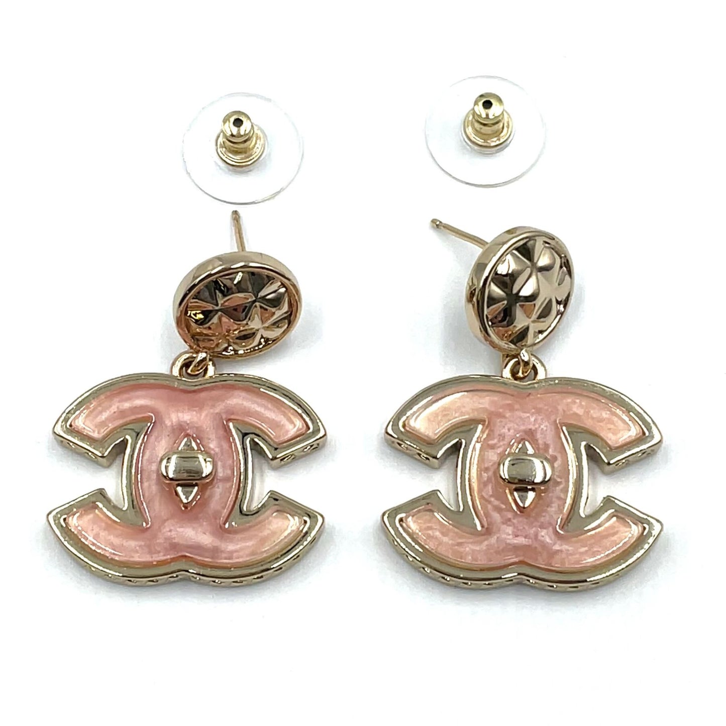 Chanel CC Logo Swing Metal Resin Gold Pink Earrings — view 7