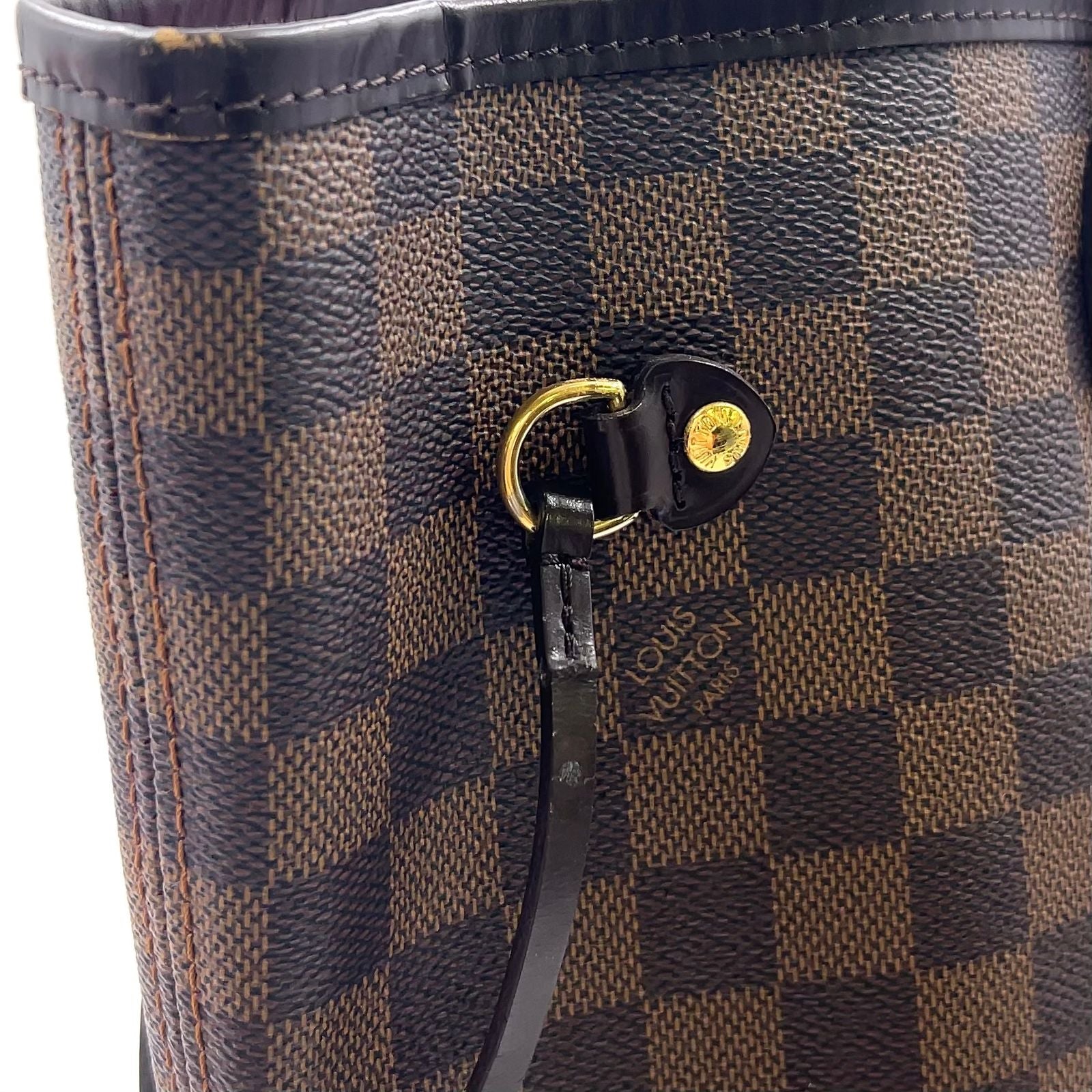 Louis Vuitton Neverfull Damier Ebene Leather Brown Red Tote Gold — view 8