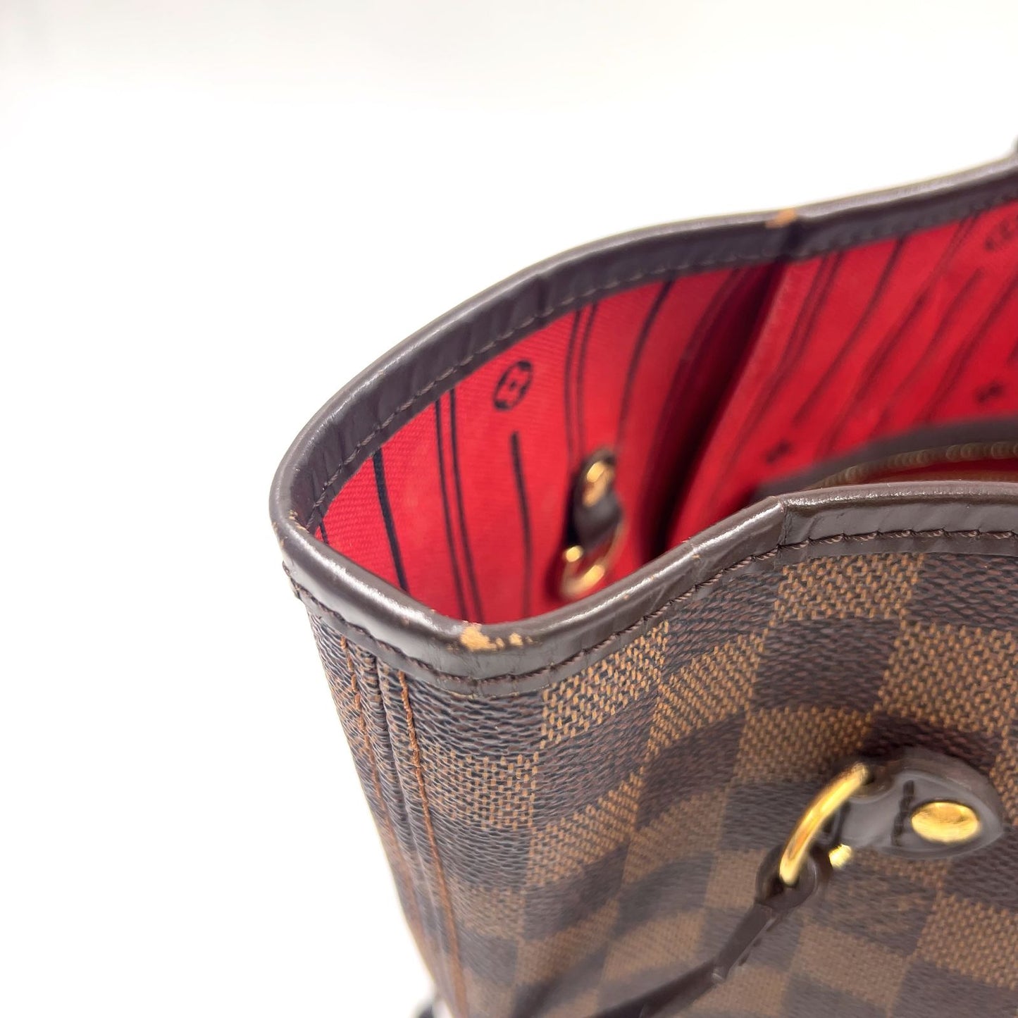 Louis Vuitton Neverfull Damier Ebene Leather Brown Red Tote Gold — view 9