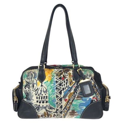 Prada Tessuto Venice Black Multicolor Gold Nylon Leather Shoulder Bag