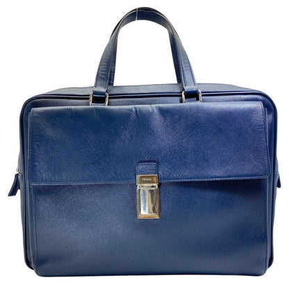 Prada Business Briefcase Triangle Logo Saffiano Leather Navy Silver Practical