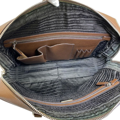Prada Business Briefcase Handbag Triangle Logo Saffiano Leather Brown Silver — view 8