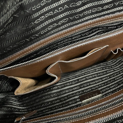 Prada Business Briefcase Handbag Triangle Logo Saffiano Leather Brown Silver — view 9