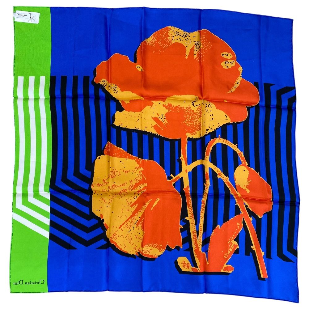 Dior Scarf Shawl D-flower Pop Silk 100% Blue Green Orange Gorgeous Feminine — view 6