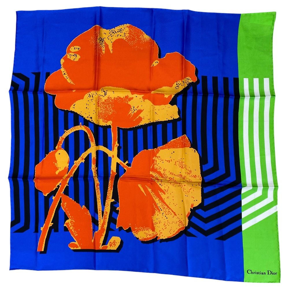 Dior Scarf Shawl D-flower Pop Silk 100% Blue Green Orange Gorgeous Feminine