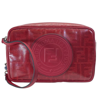 Fendi Camera Bag Clutch Pouch FF Logo Leather Zucca Pattern Red Second