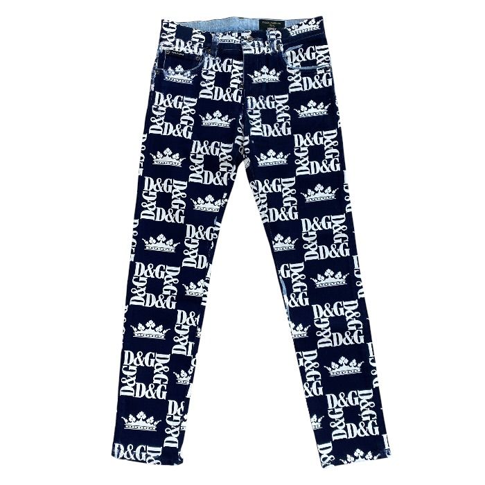 Dolce & Gabbana Print Skinny Jeans DG Crown Pants Cotton Navy Smart Comfortable