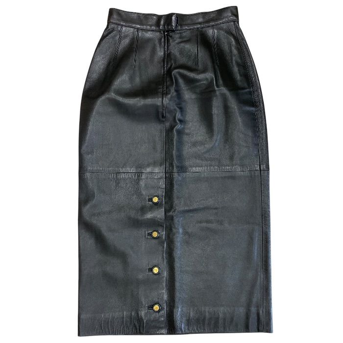 Chanel Vintage Long Skirt CC Logo Button Tight Silk Brown Feminine Classic