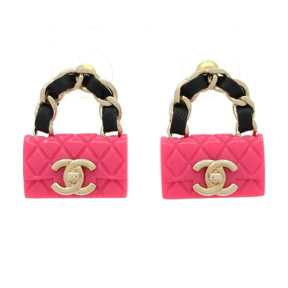 Chanel Earrings Leather Pink Gold Black Quilted Bag Motif
