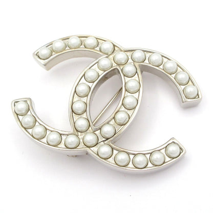 Chanel Brooch CC Logo Silver White