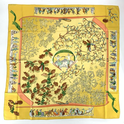 Hermes Carre 90 Neige D'antan Last Year's Snow Yellow Christmas Silk Scarf