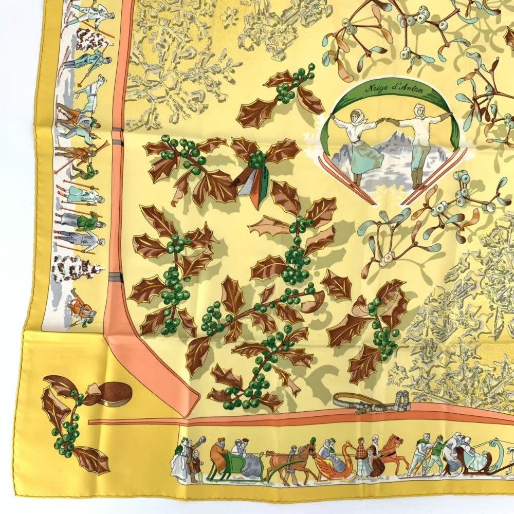 Hermes Carre 90 Neige D'antan Last Year's Snow Yellow Christmas Silk Scarf — view 4
