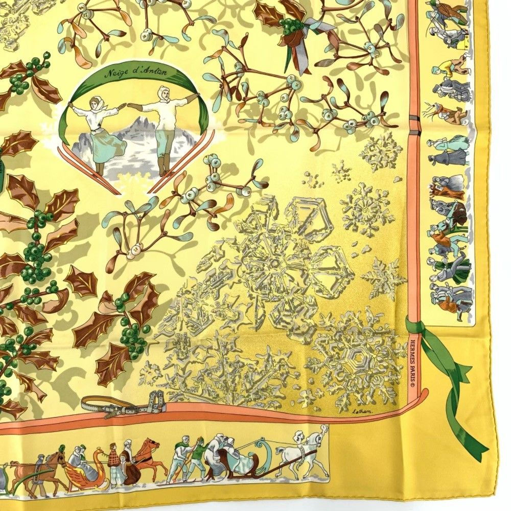 Hermes Carre 90 Neige D'antan Last Year's Snow Yellow Christmas Silk Scarf — view 5