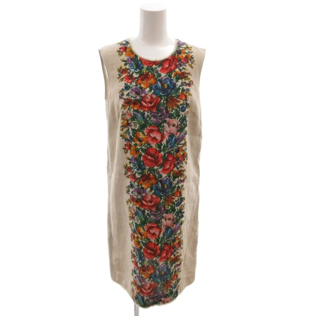 Dolce & Gabbana Linen Dress Floral Pattern Back Button Knee Length Sleeveless