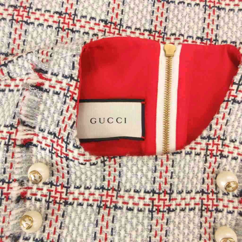 Gucci Tweed GG Pearl Dress Sleeveless Knee Length Check Cutoff White — view 6