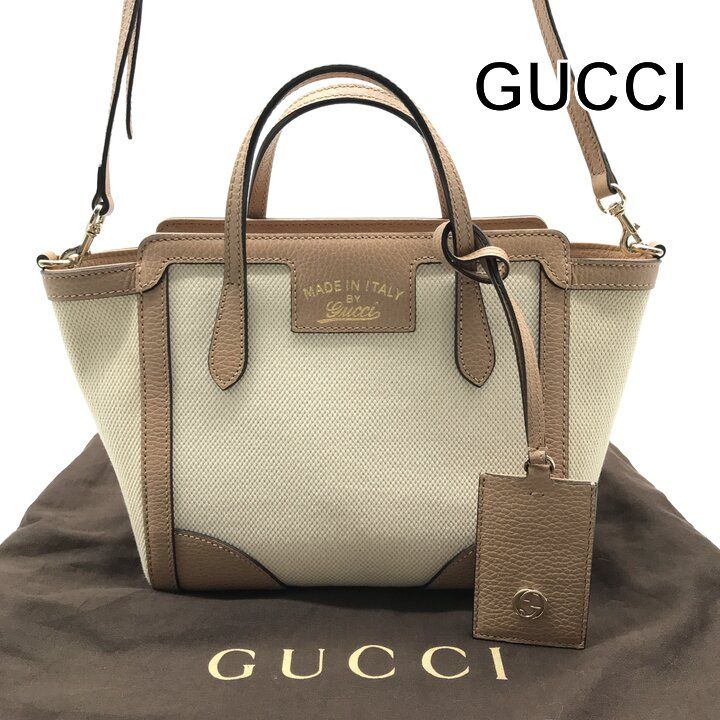 Gucci Swing Mini 2-Way Bag Leather Canvas Top Handle Beige