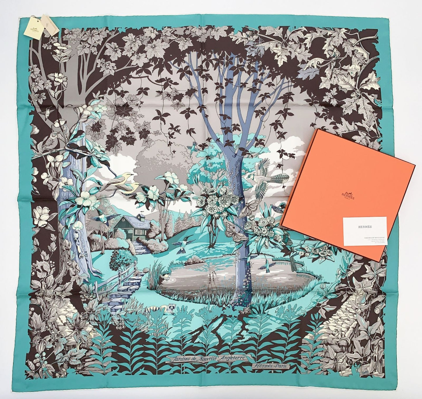 Hermes Rare Carre 90 New England Garden Green Scarf Silk 100% Tagged