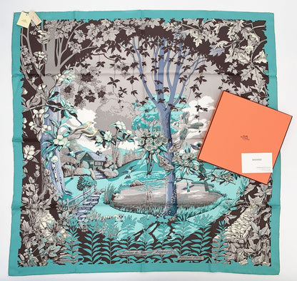 Hermes Rare Carre 90 New England Garden Green Scarf Silk 100% Tagged