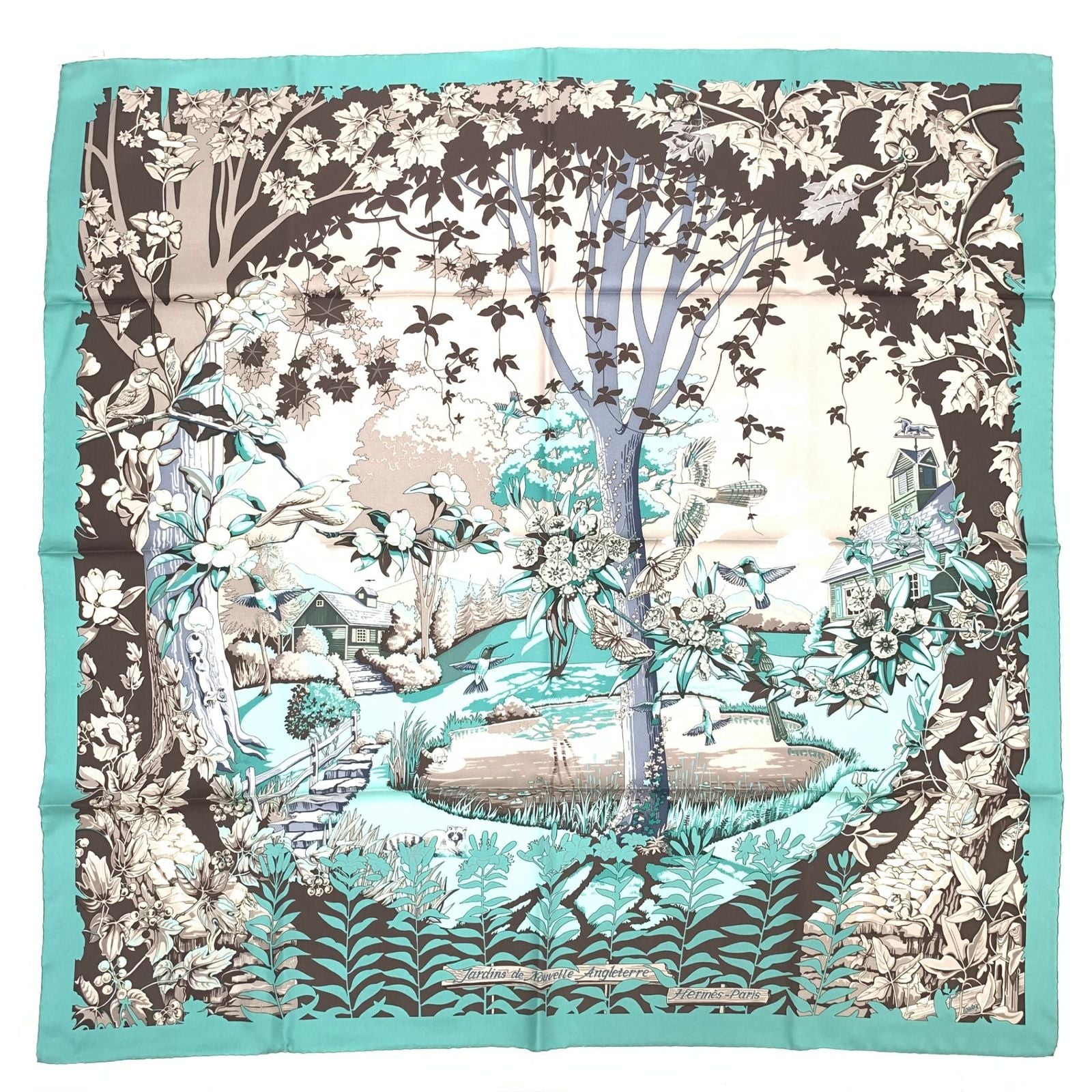 Hermes Rare Carre 90 New England Garden Green Scarf Silk 100% Tagged — view 2