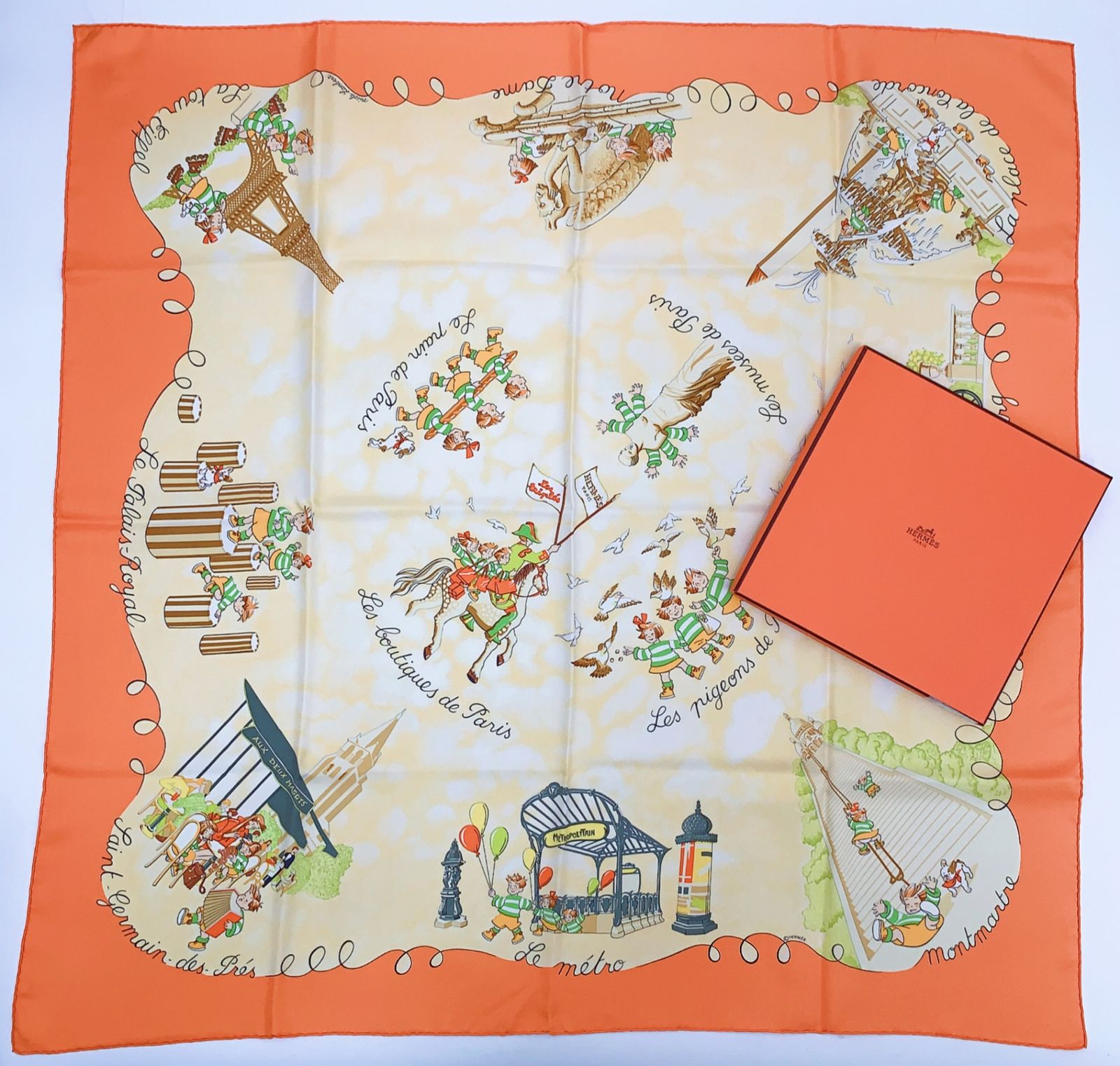 Hermes Carre 90 Silk Scarf les Triples de Paris Mischievous Triplets
