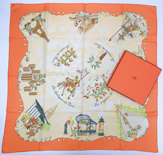Hermes Carre 90 Silk Scarf les Triples de Paris Mischievous Triplets