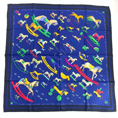 Hermes Carre 90 Raconte Moi le Cheval Talking About Horses Navy Scarf Silk