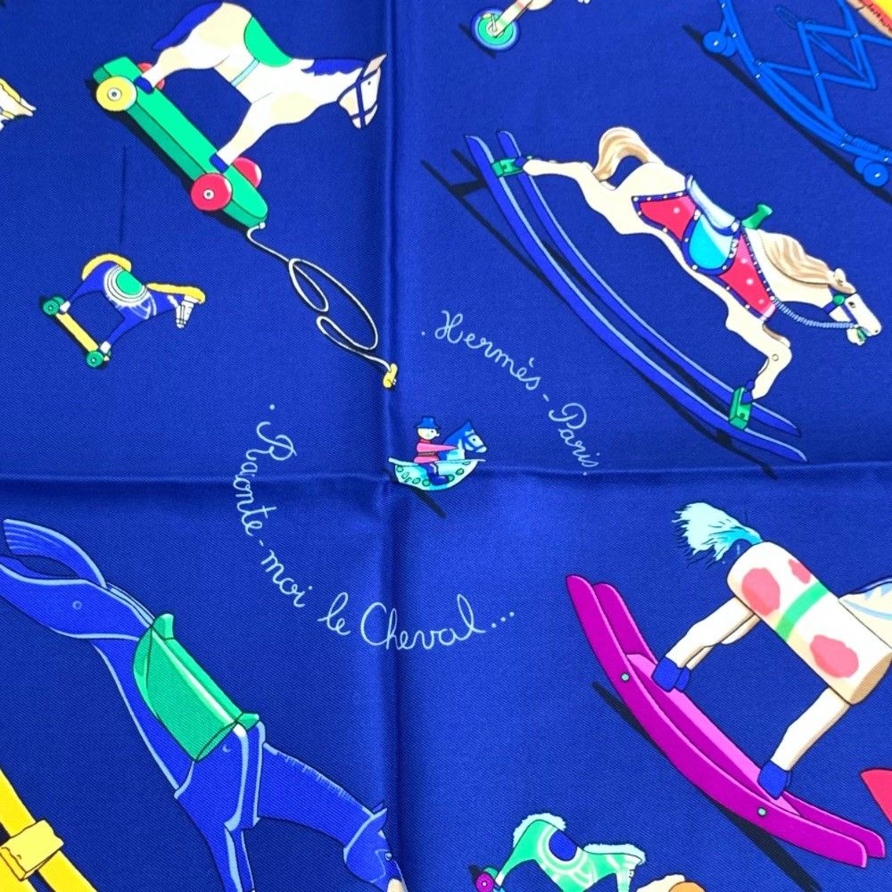 Hermes Carre 90 Raconte Moi le Cheval Talking About Horses Navy Scarf Silk — view 6