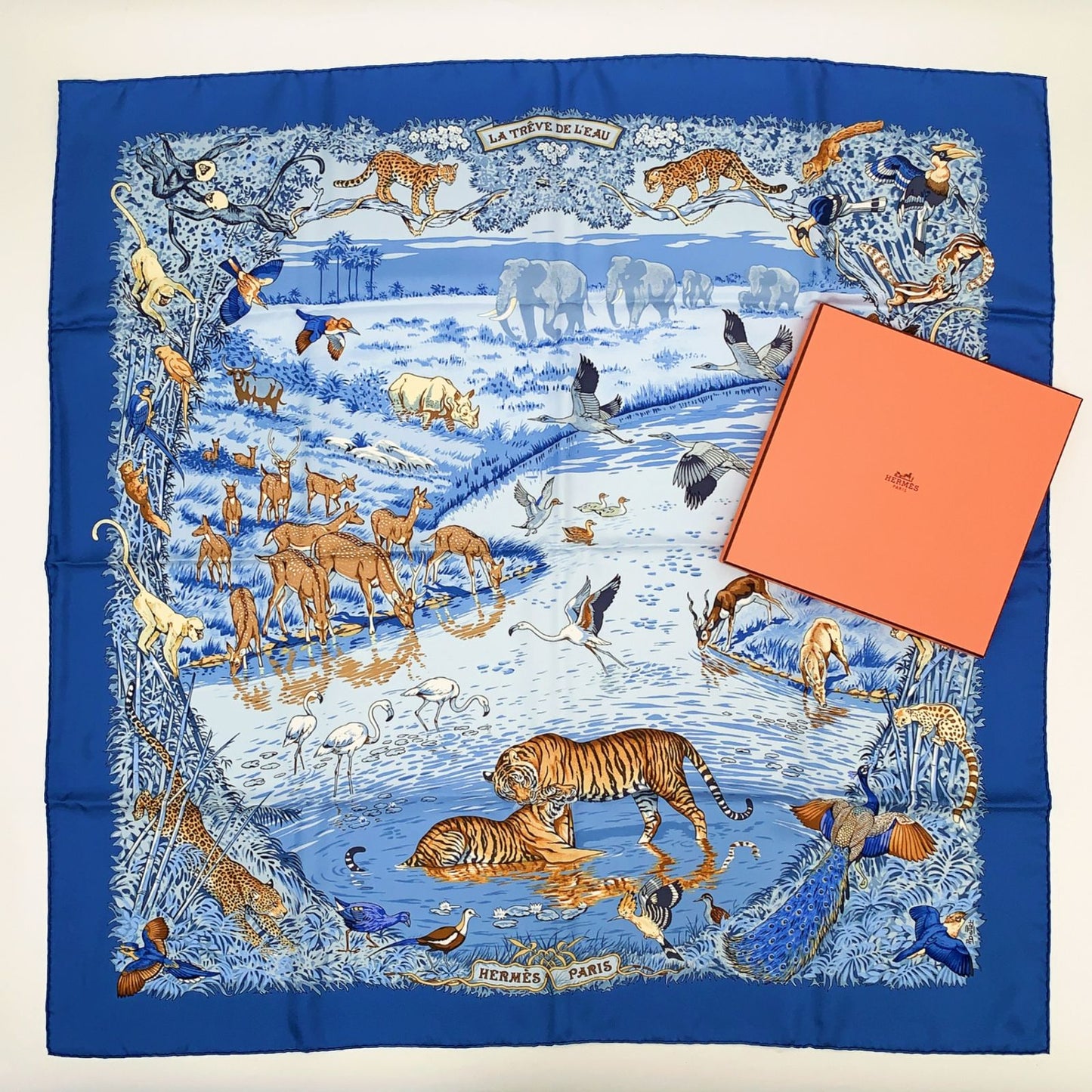 Hermes Carre 90 la Treve de L Eau Water Truce Scarf Silk Blue Multicolor