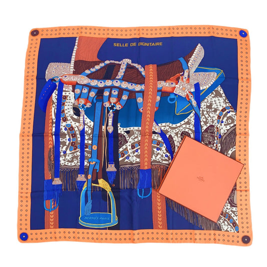 Hermes Carre 90 Selle de Dignitaire Dignitary's Saddle Orange Blue Scarf Silk