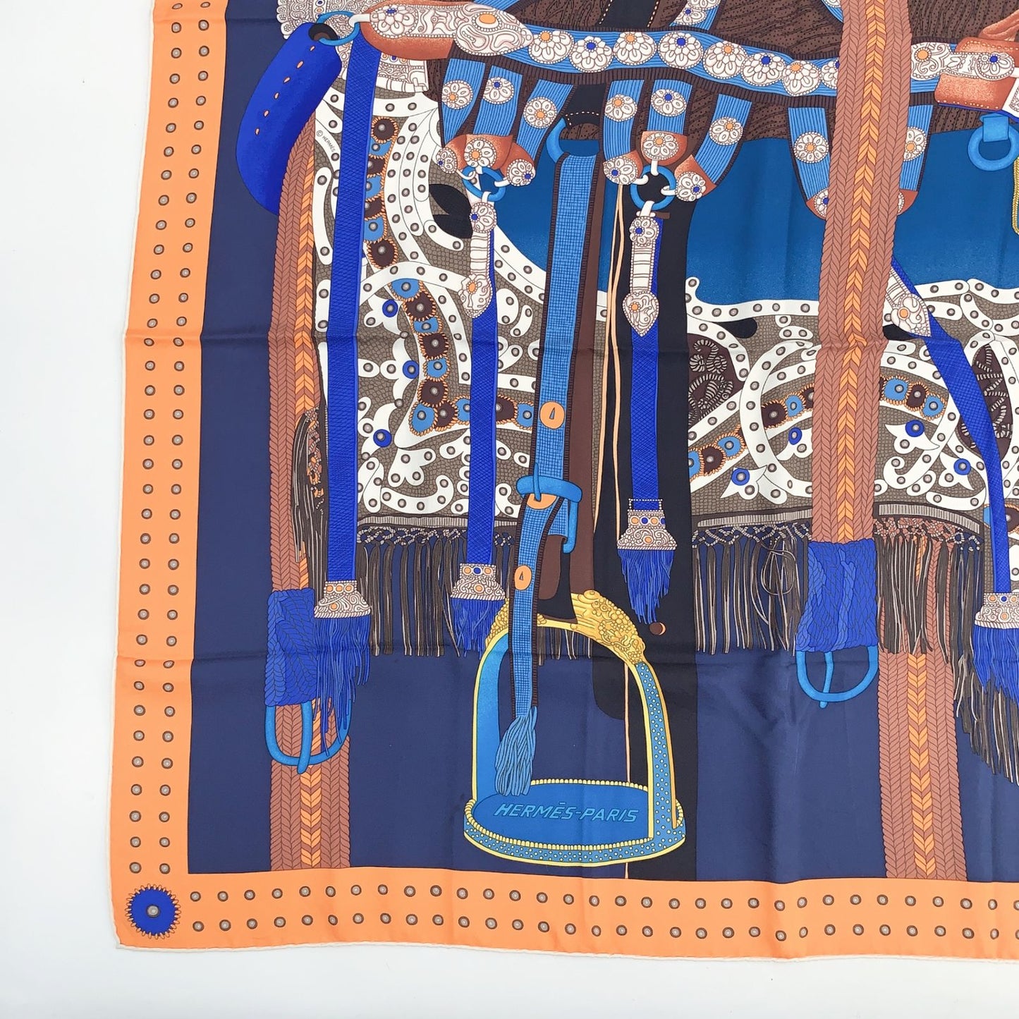 Hermes Carre 90 Selle de Dignitaire Dignitary's Saddle Orange Blue Scarf Silk — view 4