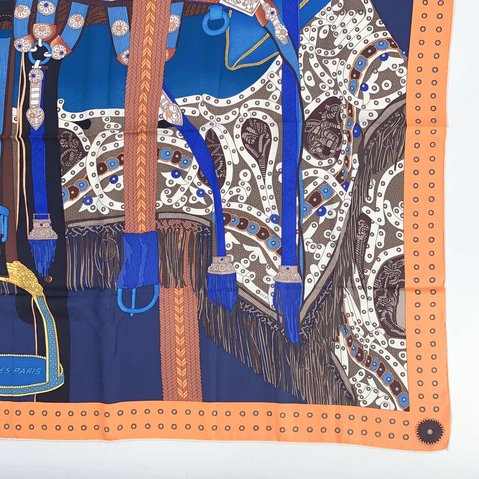 Hermes Carre 90 Selle de Dignitaire Dignitary's Saddle Orange Blue Scarf Silk — view 5