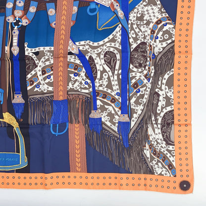 Hermes Carre 90 Selle de Dignitaire Dignitary's Saddle Orange Blue Scarf Silk — view 5