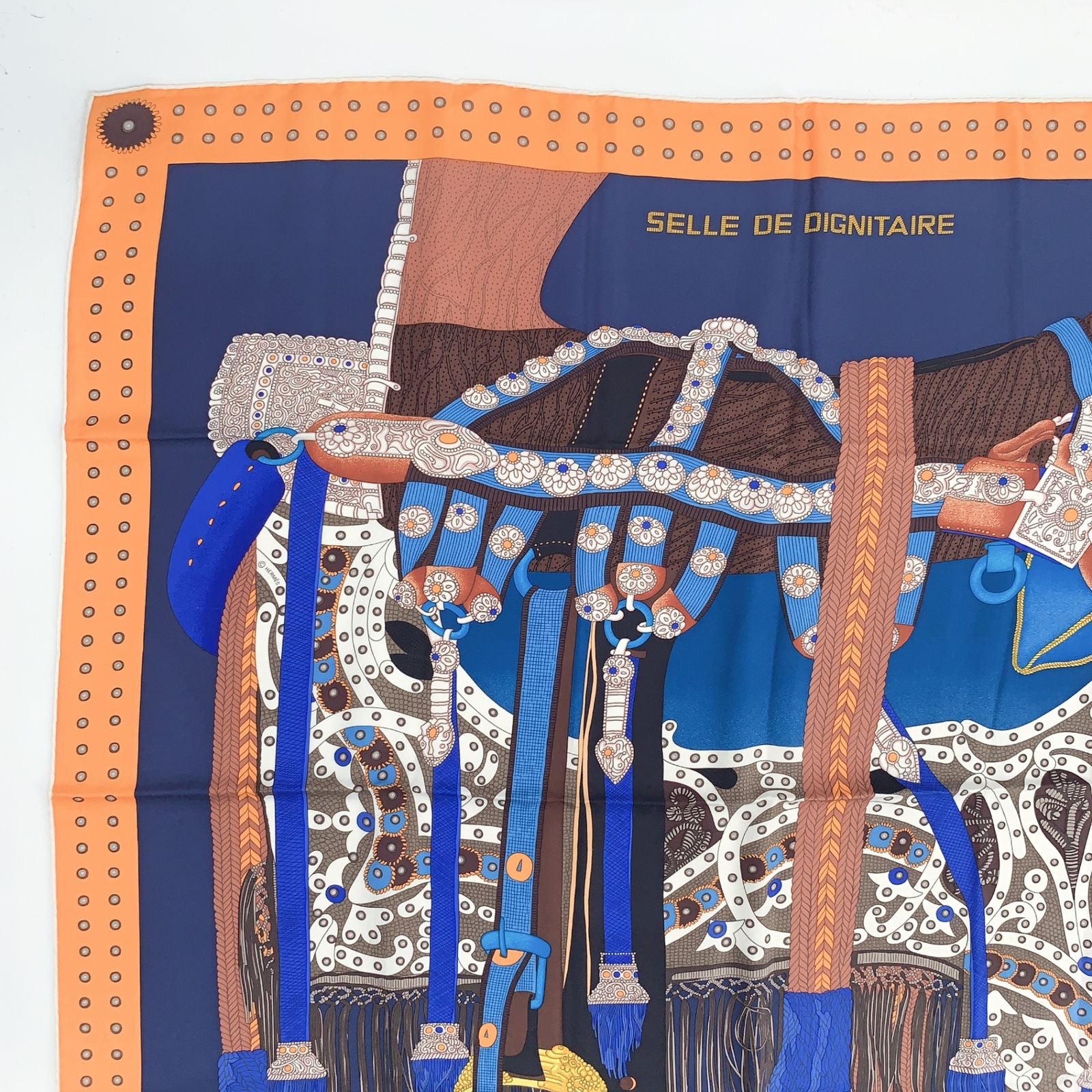 Hermes Carre 90 Selle de Dignitaire Dignitary's Saddle Orange Blue Scarf Silk — view 3