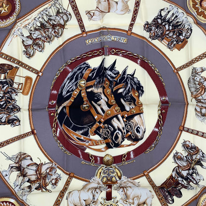 Hermes Carre 90 Chevaux de Trait Yellow Scarf Silk 100% with Special Paper — view 7
