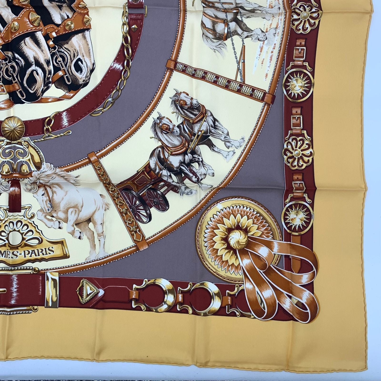 Hermes Carre 90 Chevaux de Trait Yellow Scarf Silk 100% with Special Paper — view 5