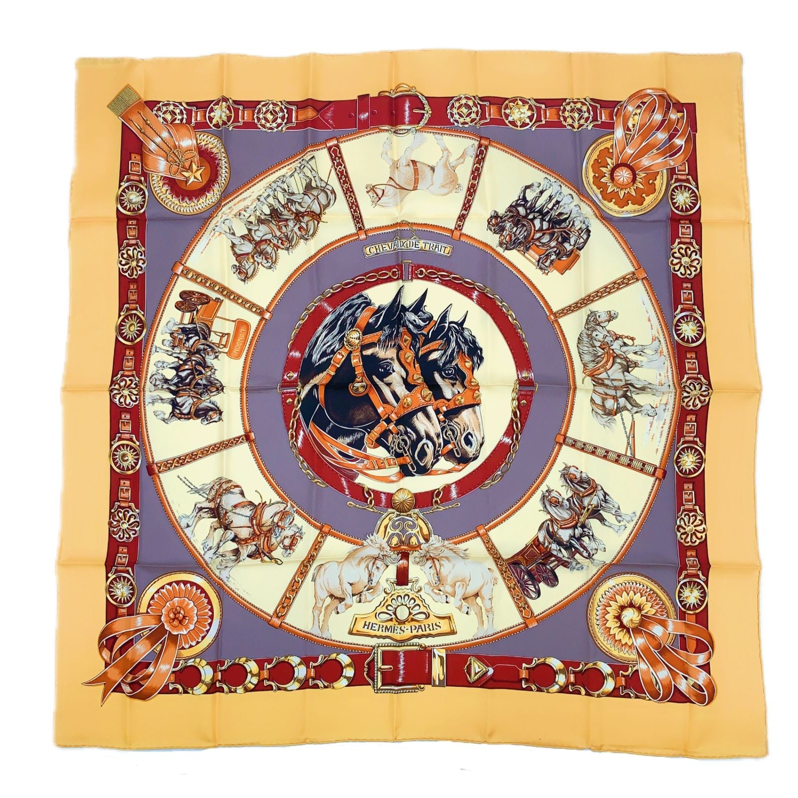Hermes Carre 90 Chevaux de Trait Yellow Scarf Silk 100% with Special Paper — view 2