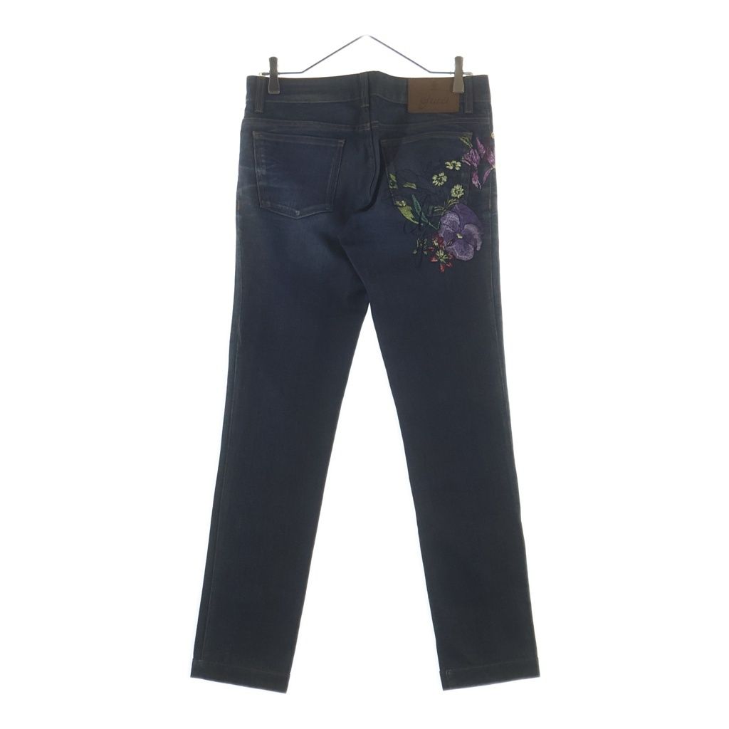 Gucci Denim Pants Floral Embroidery Button Fly Indigo
