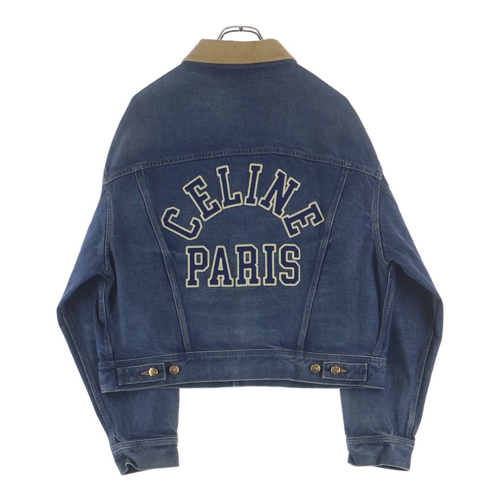 Celine Trucker Jacket Back Logo Triomphe Button Collar Corduroy Denim Indigo