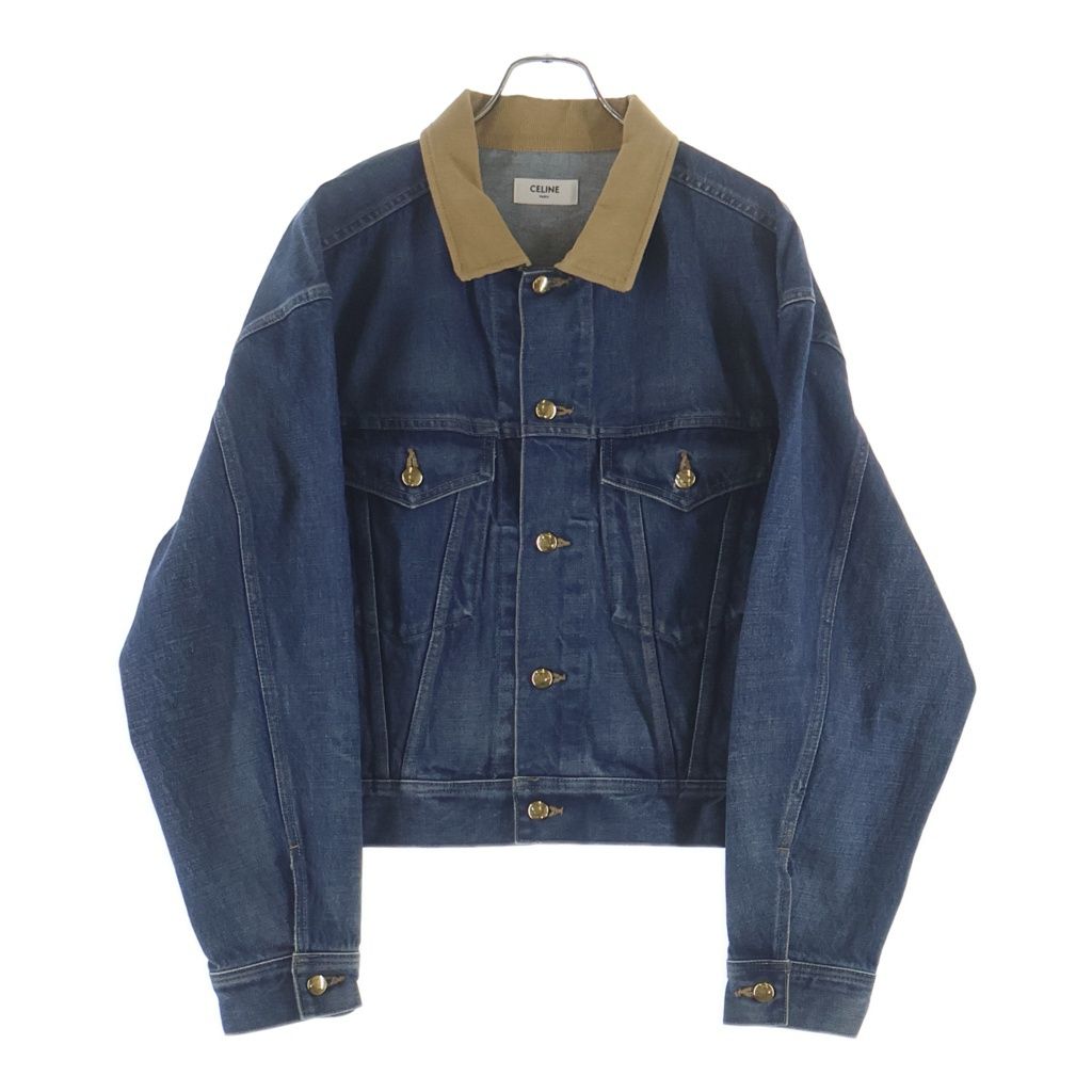 Celine Trucker Jacket Back Logo Triomphe Button Collar Corduroy Denim Indigo — view 2