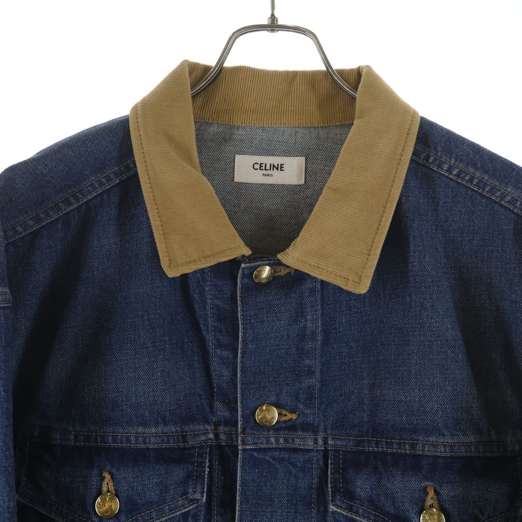 Celine Trucker Jacket Back Logo Triomphe Button Collar Corduroy Denim Indigo — view 3