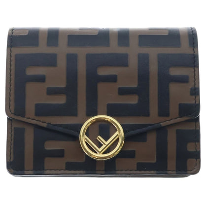 Fendi Compact Wallet Trifold Coin Case Brown Black Leather Gold