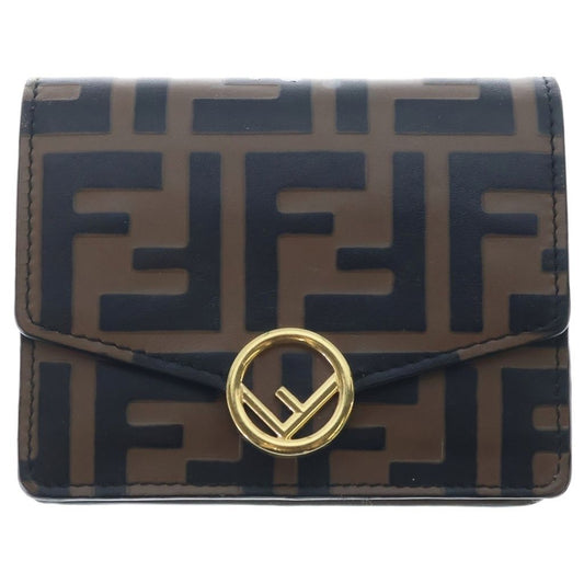 Fendi Compact Wallet Trifold Coin Case Brown Black Leather Gold