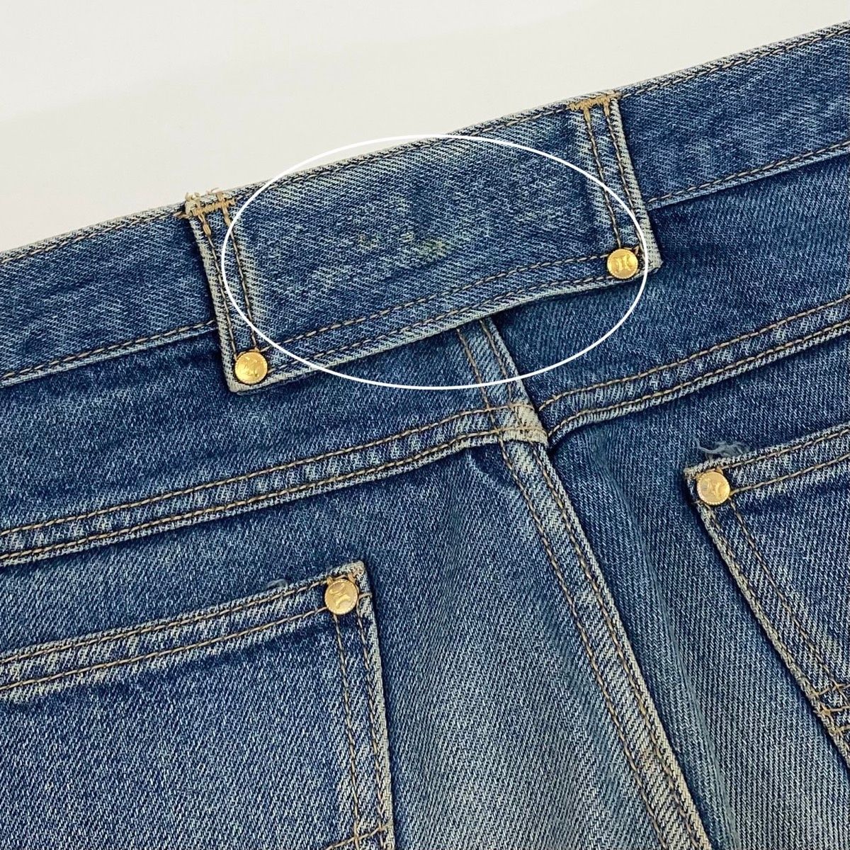 Celine Denim Pants Triangle Off Gold Button Back Logo 34 Indigo Blue Cotton — view 9