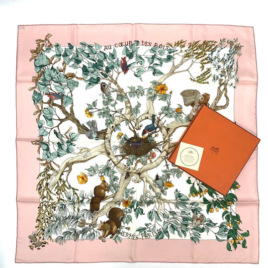Hermes Carre 90 AU Coeur Des Bois in the Forest Pink Silk Scarf