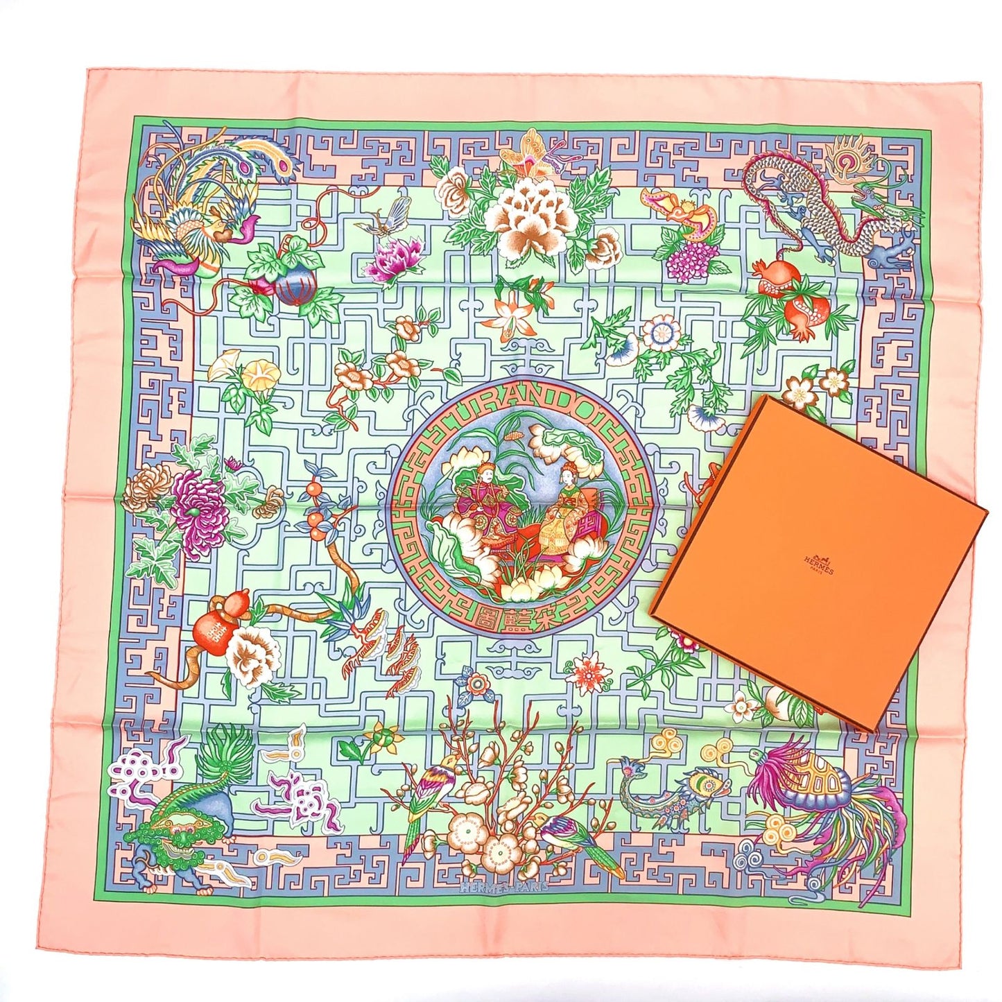 Hermes Scarf Carre 90 Turandot Orange Blue Pink