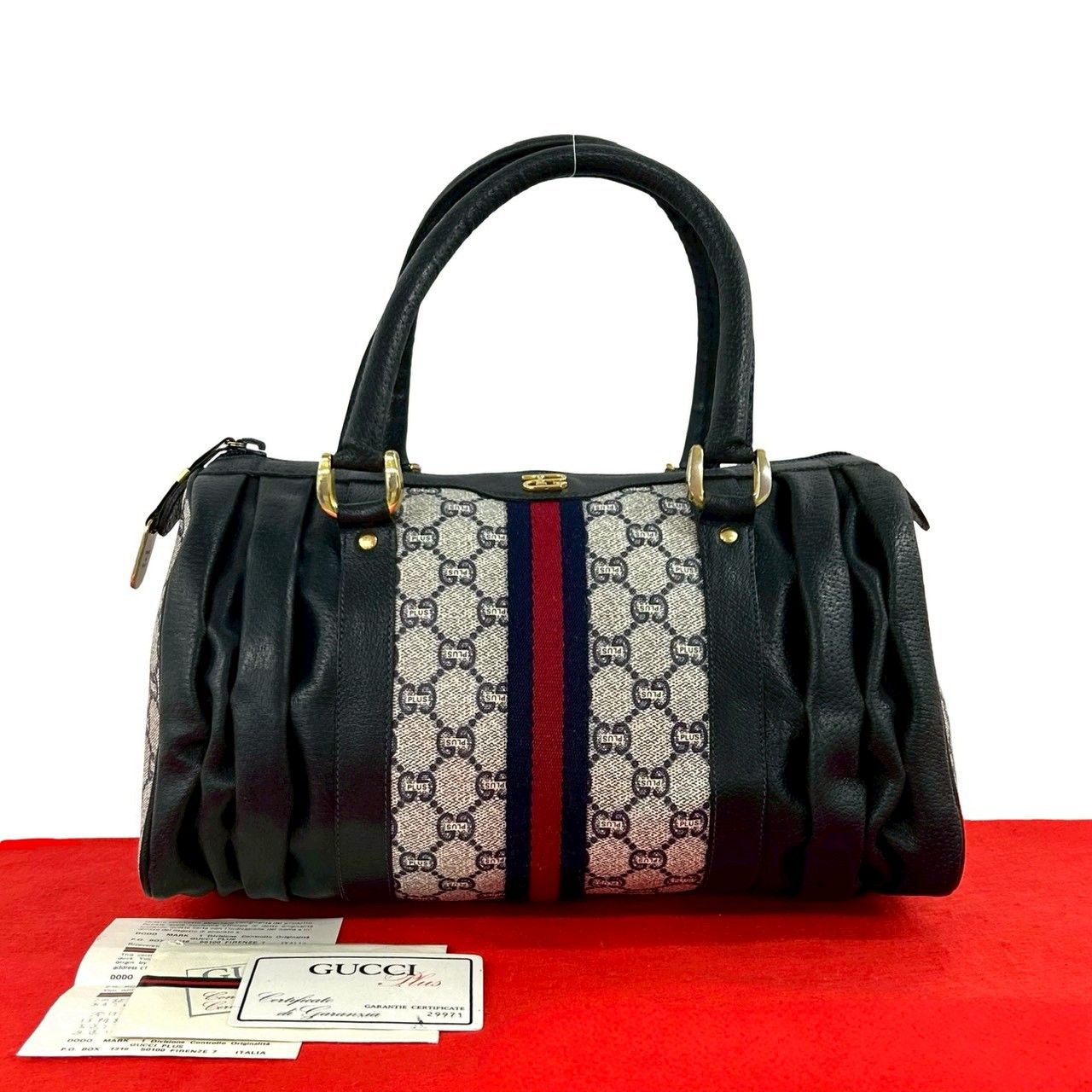 Gucci Vintage Sherry Line Plus Logo Leather Handbag Navy