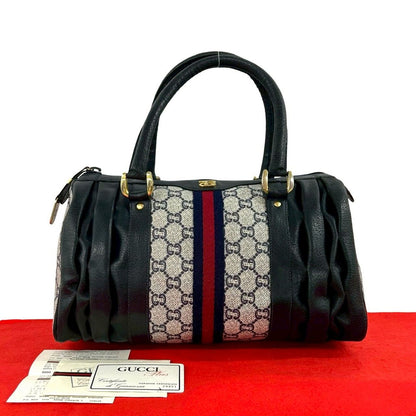 Gucci Vintage Sherry Line Plus Logo Leather Handbag Navy