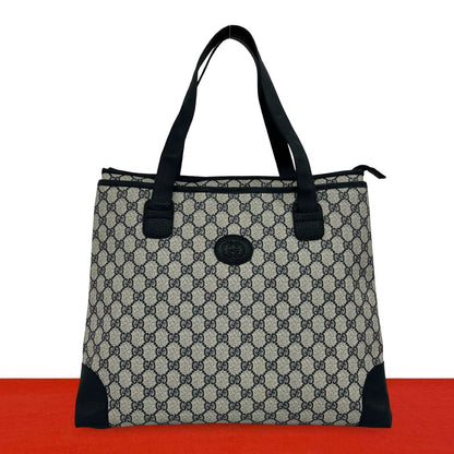 Gucci Vintage GG Logo Leather Tote Shoulder Bag Navy